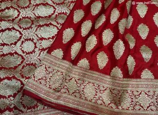 बनारसी साड़ी का अद्भुत रूप और स्वरुप लाल रंग की पारंपरिक बनारसी साडी
