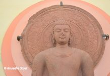 Buddha statue in Mathura School of Art style in Red Stone at Mathura Museum