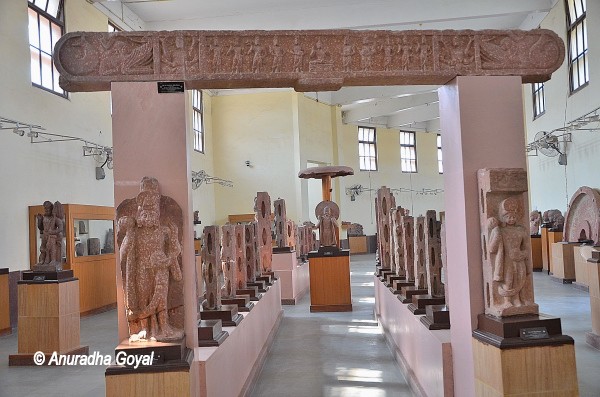 Mathura School of Art style sculptures in Red Stone on display