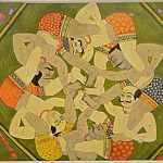 Miniature painting showcasing entangled wrestlers at Bharat Kala Bhavan, BHU