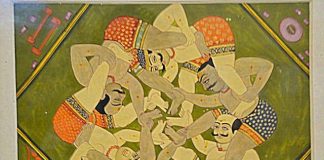 Miniature painting showcasing entangled wrestlers at Bharat Kala Bhavan, BHU