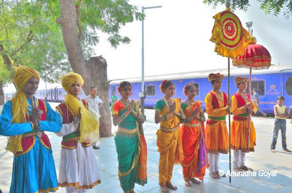 The traditional welcome to the guests on board the luxury train at Aurangabad station