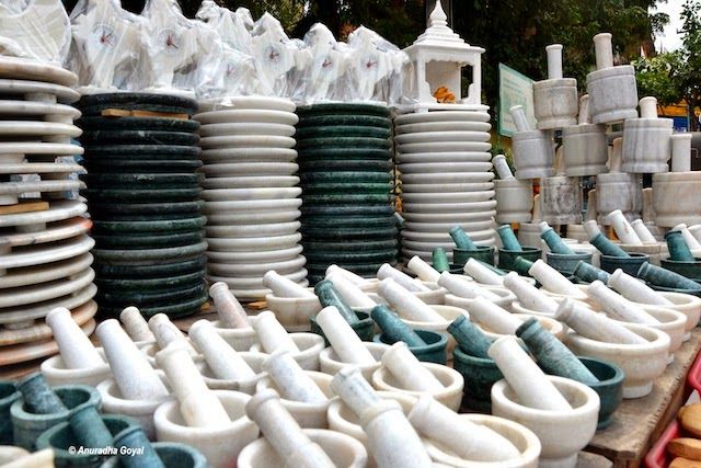 White and Green marble utensils on sale near the temple