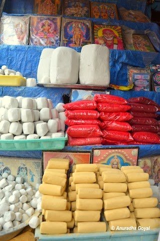 Puja materials at a shop near the temple