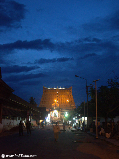 Padmanabhaswamy Temple front view at dusk