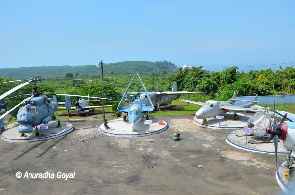 Landscape view of few parked helicopters at the Naval Aviation Museum, Goa