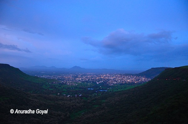 Satara city view at dusk from the hills