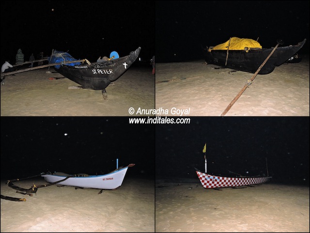 Boats on the beach during night walk on a beach