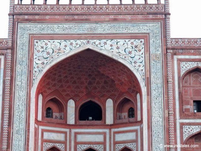 Detail of the red sandstone entrance gate of Taj Mahal