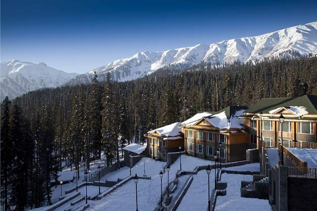 Landscape view of the Khyber Himalayan Resort & Spa, Gulmarg in winters