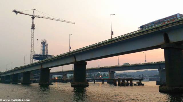 Going under the twin bridges on Mandovi