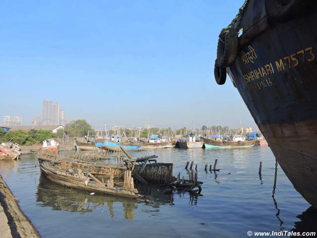 View of the Sewri Jetty with high rise buildings in the background