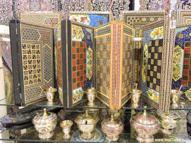 Carved wooden chess boards at Blue Souq in Sharjah