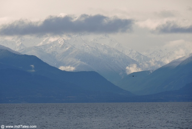 Snow capped mountains seen from Ogden Breakwater 