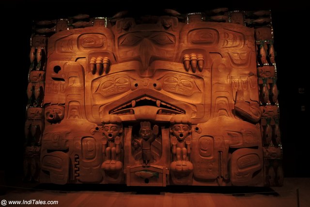 Wooden screen used for theatrical performances by First Nations