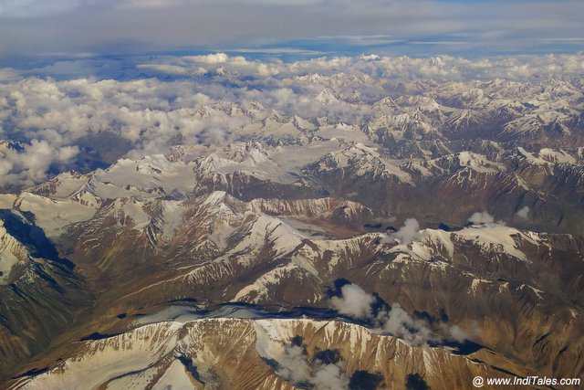 Aerial view of snow-clad Himalayan mountains at Ladakh, India