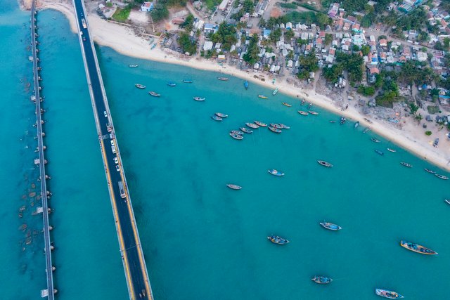 Rameswaram, Tamil Nadu, India - Pamban road and railway bridge aerial view