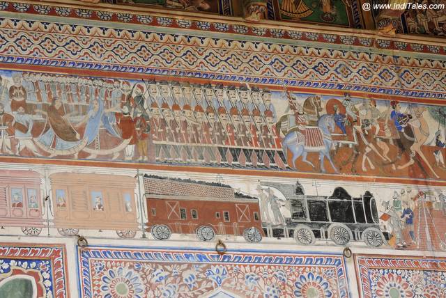 Rail Engine, Festivals and Armies co-existing on walls of Shekhawati Havelis