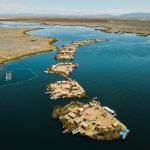 Aerial view of floating islands Uros, Lake Titicaca
