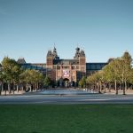 Landscape view of Rijksmuseum, Amsterdam at sunset