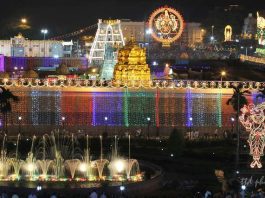 Landscape view of lit-up Tirumala Tirupati Devasthanam