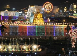 Landscape view of lit-up Tirumala Tirupati Devasthanam