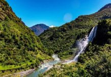 Landscape view of the beautiful Nuranang Waterfall