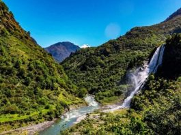 Landscape view of the beautiful Nuranang Waterfall