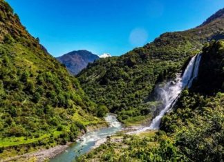 Landscape view of the beautiful Nuranang Waterfall